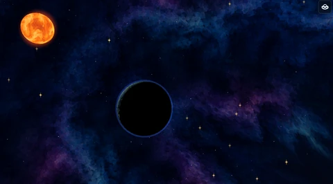 A shadowed planet in a painted blue nebula beside an orange star