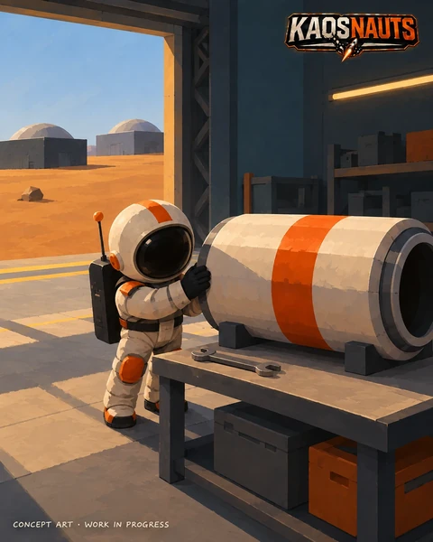 Albert assembling an orange and cream rocket module in a workshop